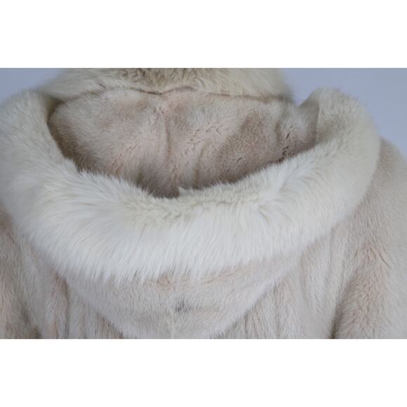 Vintage Ivory Mink Fur Long Hooded Winter Coat Full Plush Luxury Warm Size S - Picture 12 of 16